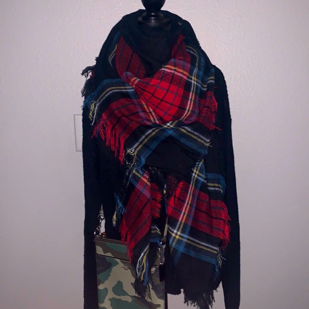 Flannel Pattern Black, Red, Blue & Yellow Square Multi Wear Scarf